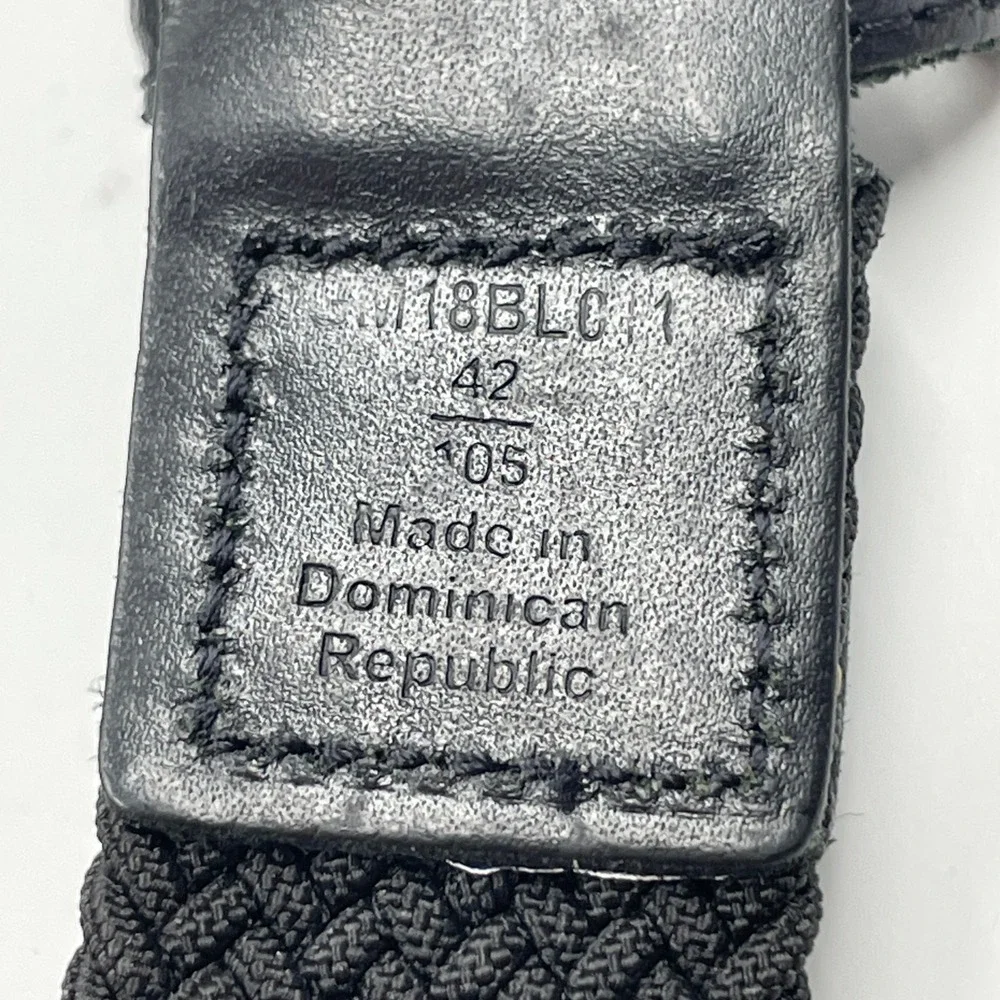 Men's Black Braided Elastic Stretch Belt Silver Buckle Leather Trim 42